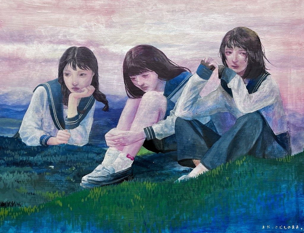 3girls, black_hair, blue_pants, blue_sailor_collar, blue_skirt, blunt_bangs, braid, closed_mouth