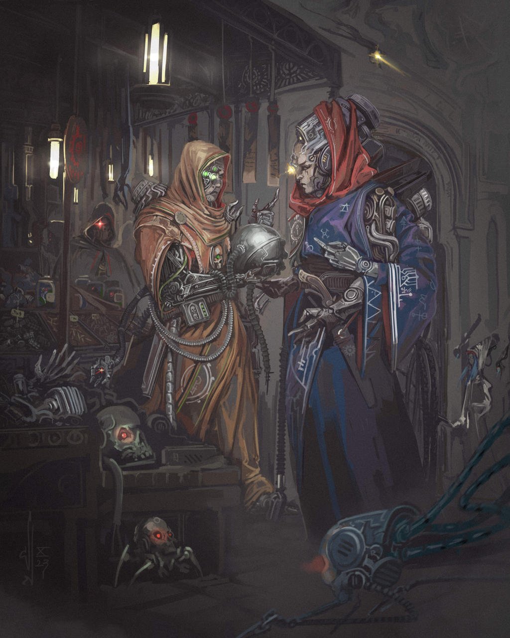 3others, adeptus_mechanicus, cable, cloak, crossdraw_holster, cyborg, extra_arms, extra_eyes