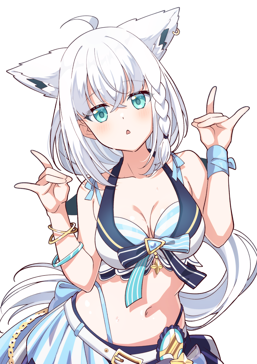 1girl, ahoge, animal_ear_fluff, animal_ears, belt, bikini, bikini_skirt, bikini_under_clothes