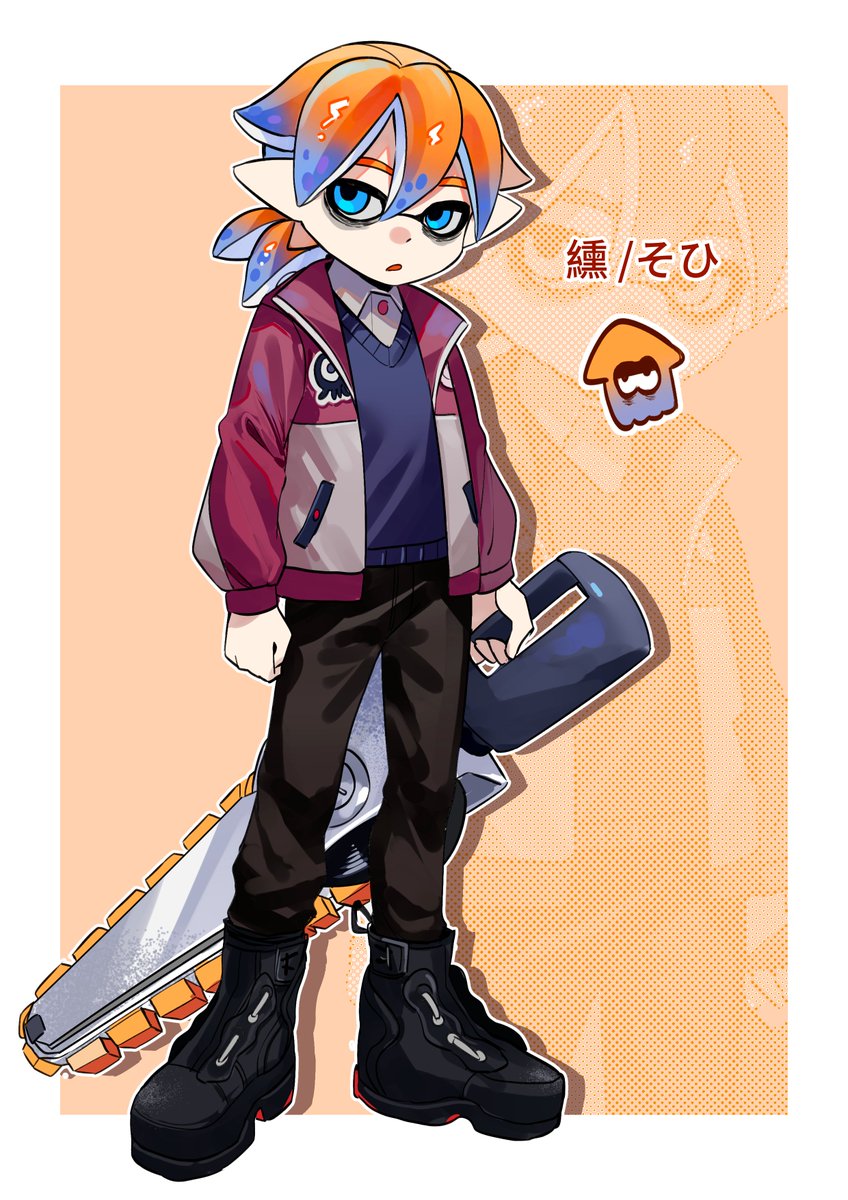 1boy, black_footwear, black_pants, blue_eyes, blue_hair, blue_shirt, border, citrusplatsoda