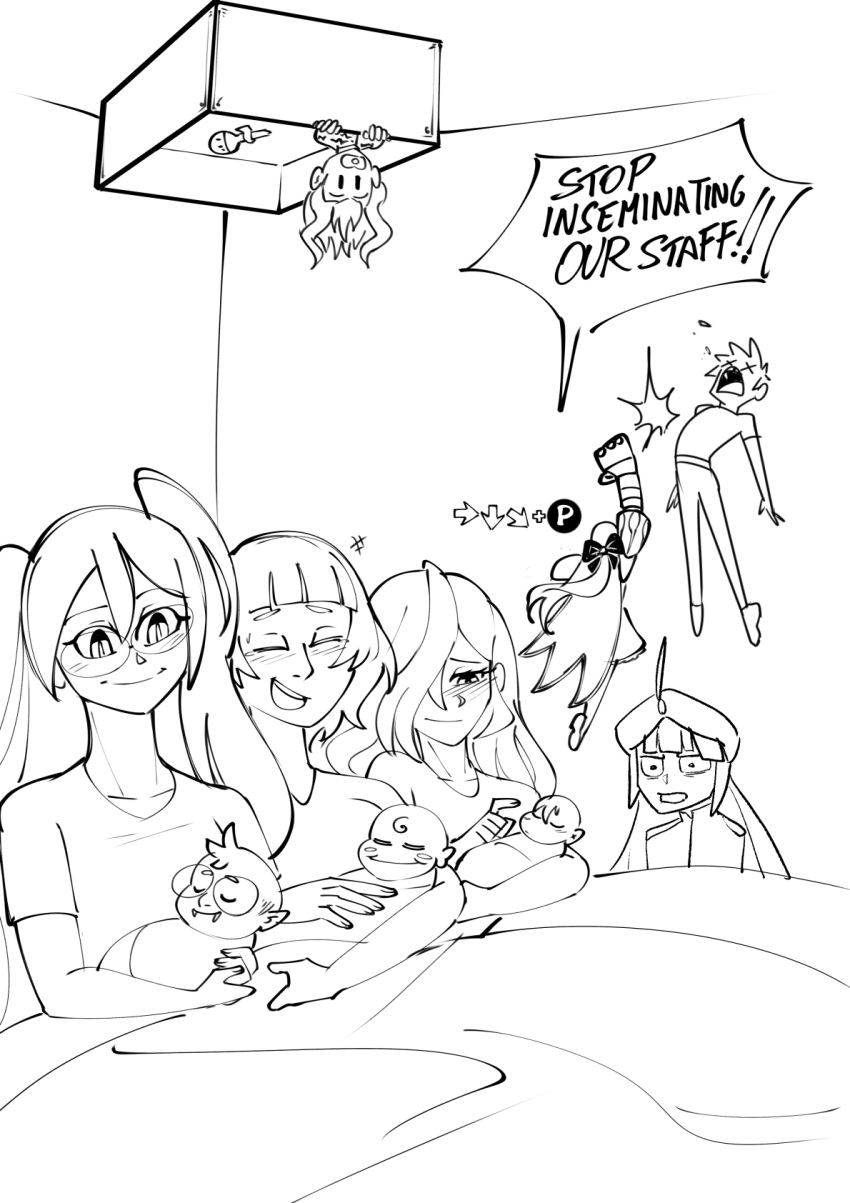 2boys, 4girls, 4others, blanket, captain_nemo_(fate), cerejeira_elron, clinickcase, english_text