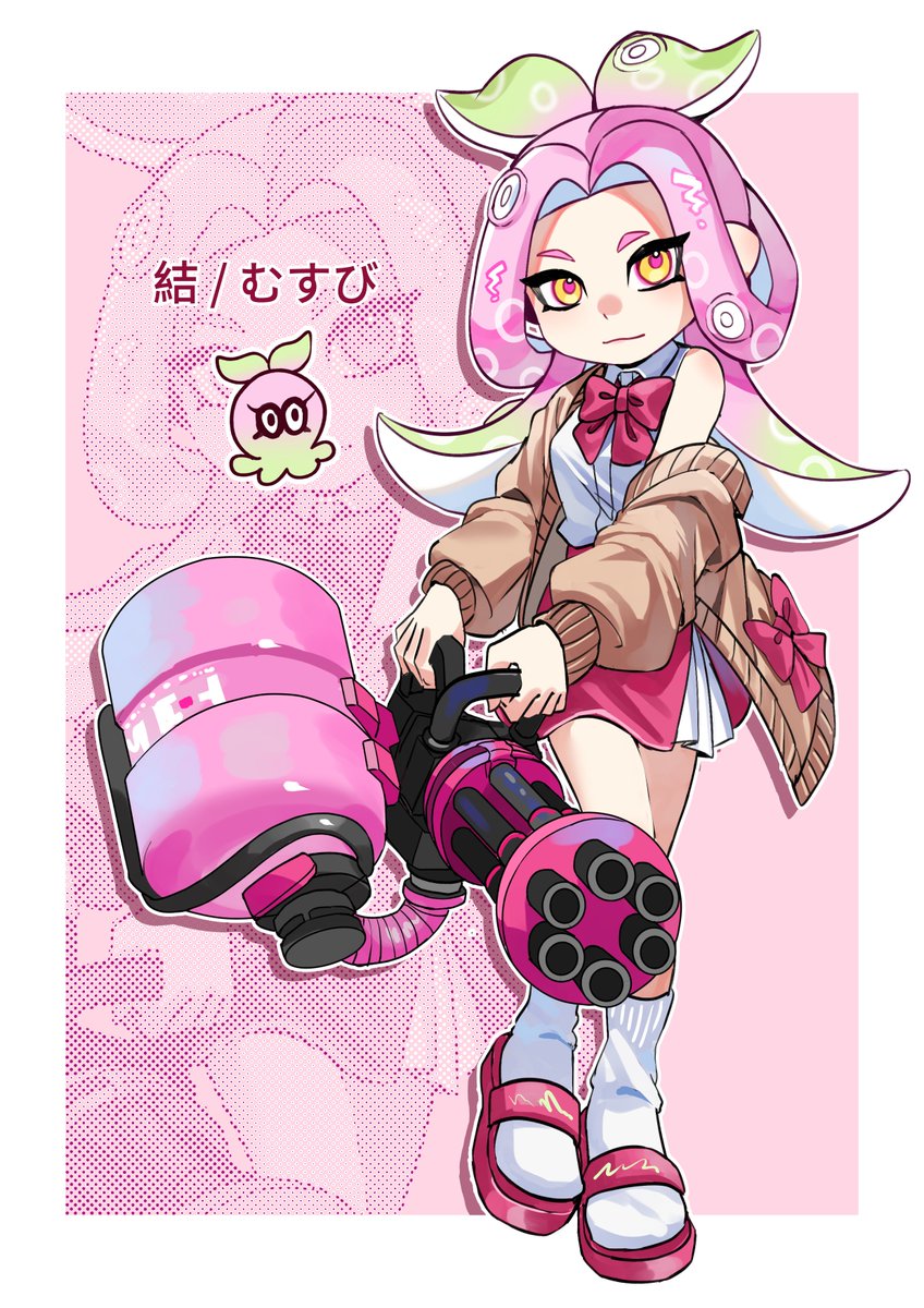 1girl, border, citrusplatsoda, colored_tips, commentary_request, full_body, green_hair, gun