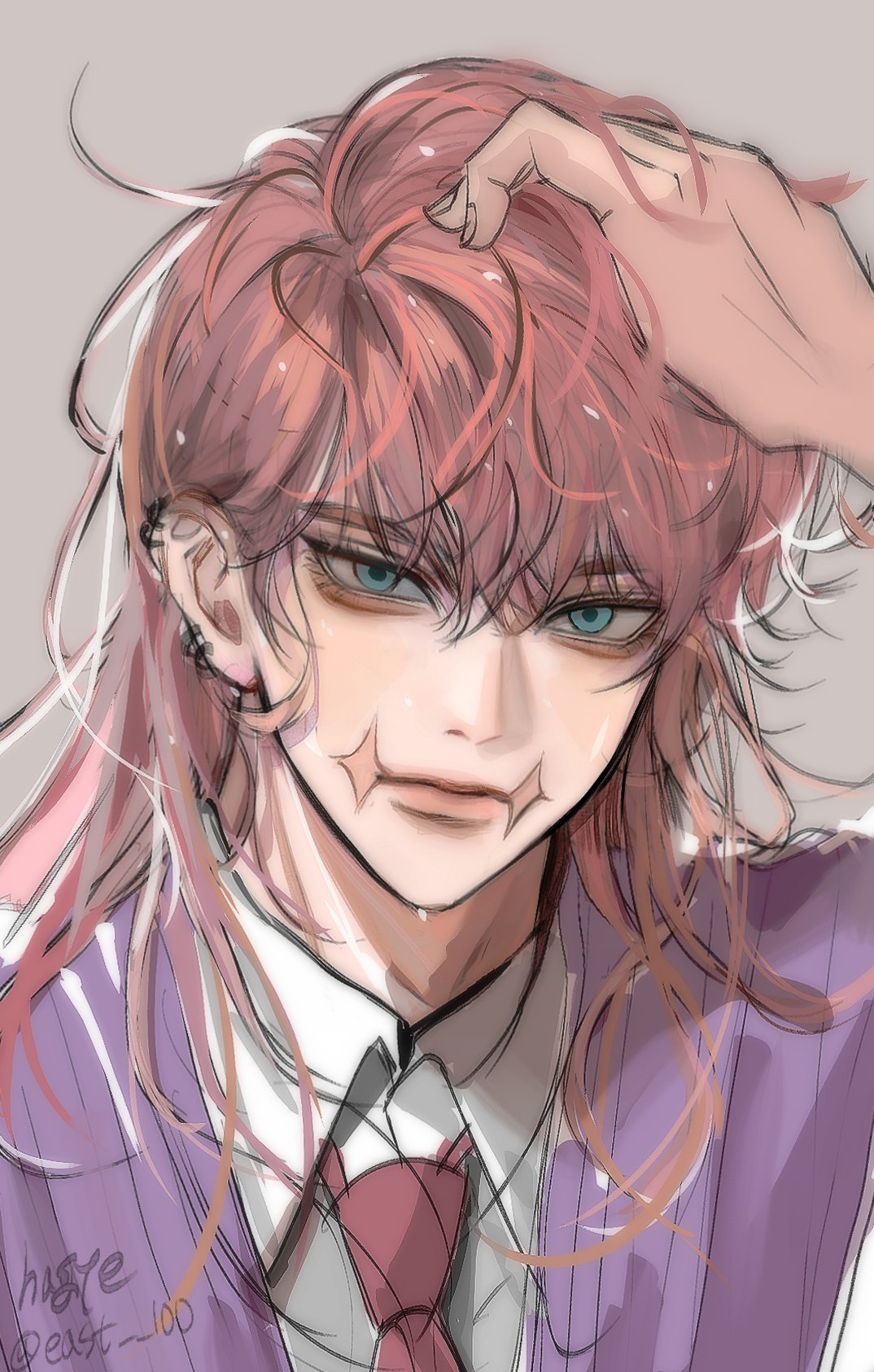 1boy, aqua_eyes, bags_under_eyes, closed_mouth, collared_shirt, ear_piercing, east_100, expressionless, hand_on_own_head, highres, looking_at_viewer, male_focus, messy_hair, necktie, piercing, pink_hair, portrait, purple_vest, red_necktie, sanzu_haruchiyo, scar, scar_on_face, shirt, solo, tokyo_revengers, vest, white_shirt
