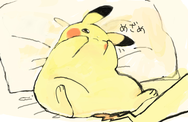 animal_ears, bed, circle_(pixiv620288), dot_nose, no_humans, one_eye_closed, pikachu, pillow, pokemon, pokemon_(creature), sleepy, solo, tail