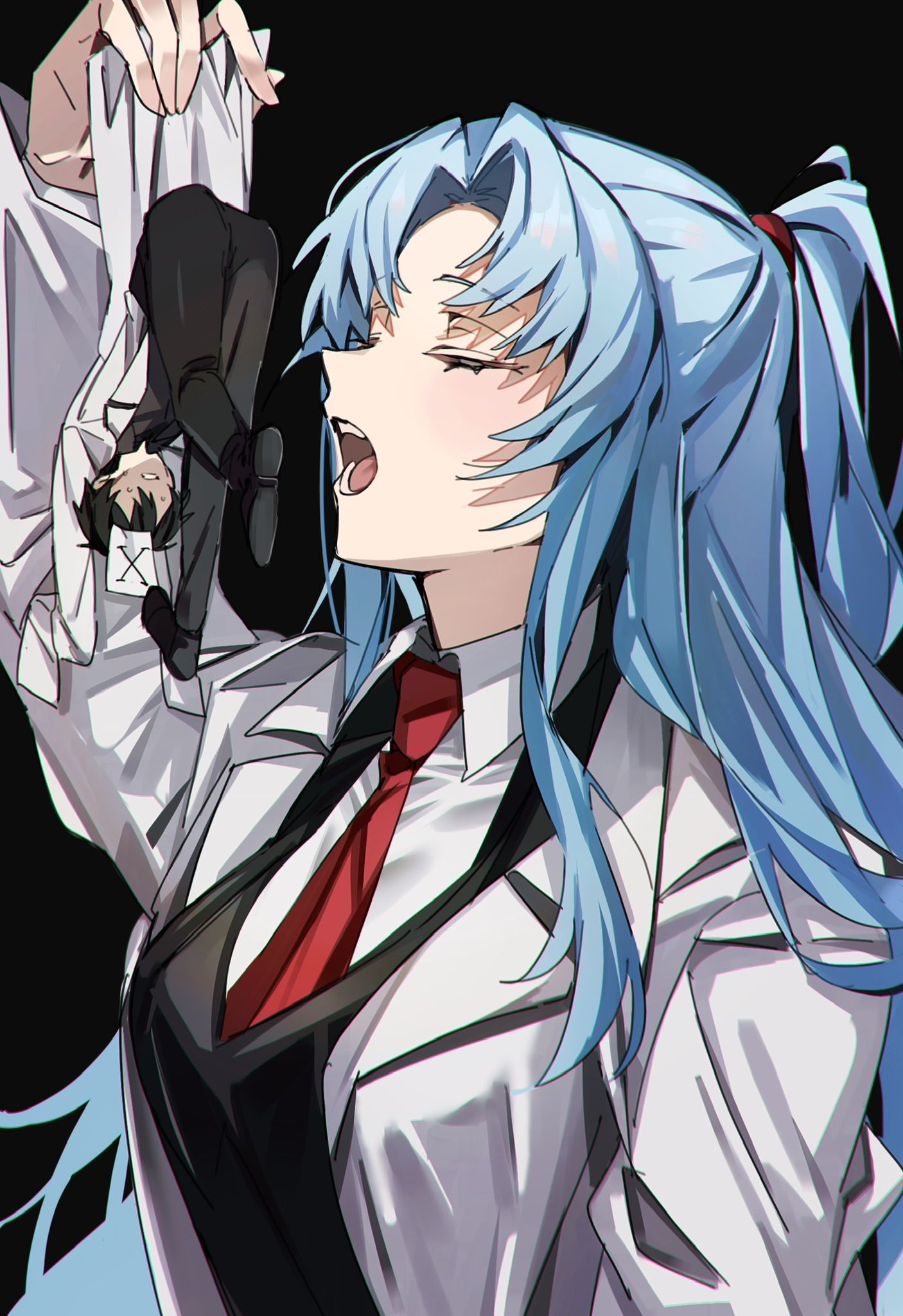 1boy, 1girl, angela_(project_moon), arm_up, ayin_(project_moon), black_jacket, black_pants, blue_hair, closed_eyes, coat, collared_shirt, highres, jacket, lab_coat, lobotomy_corporation, long_hair, mini_person, miniboy, mu46016419, necktie, one_side_up, open_mouth, pants, parted_bangs, project_moon, red_necktie, shirt, sidelocks, very_long_hair, white_coat, white_shirt, x_(project_moon)