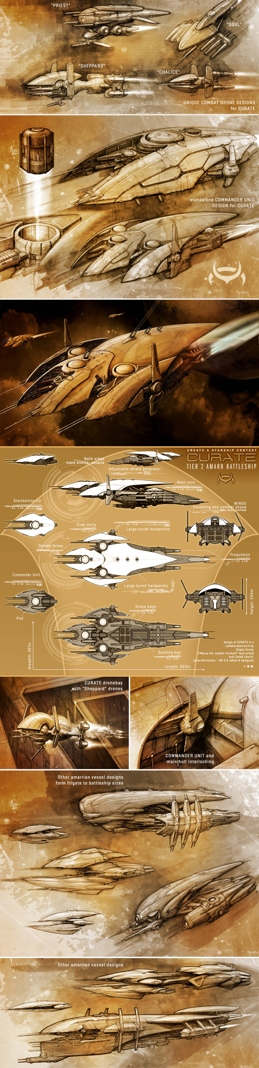 absurdres, amarr_empire_(eve_online), battleship_(eve_online), beam_cannon, brown_theme, cannon, combat_drone_(eve_online), commentary, concept_art, cruiser_(eve_online), drone, emblem, energy, energy_beam, energy_cannon, english_text, eve_online, firing, fleet, flying, frigate_(eve_online), glowing, hangar, highres, laser, laser_cannon, machinery, military_vehicle, monochrome, multiple_views, nexusdesigner, no_humans, original, outdoors, planet, radio_antenna, reference_sheet, science_fiction, space, spacecraft, starfighter, tall_image, thrusters, turret, vehicle_focus