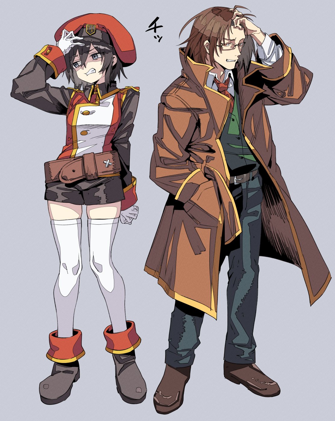 1boy, 1girl, belt, beret, black_eyes, black_footwear, black_hair, black_pants