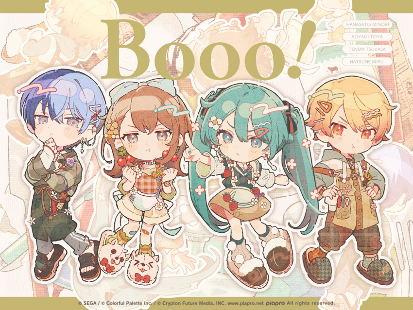 2boys, 2girls, :t, aoyagi_touya, apron, blonde_hair, blue_hair, booo!