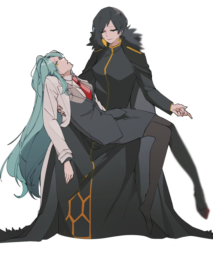 0o0onnk, 2girls, angela_(project_moon), binah_(project_moon), black_cape, black_dress, black_hair, blue_hair
