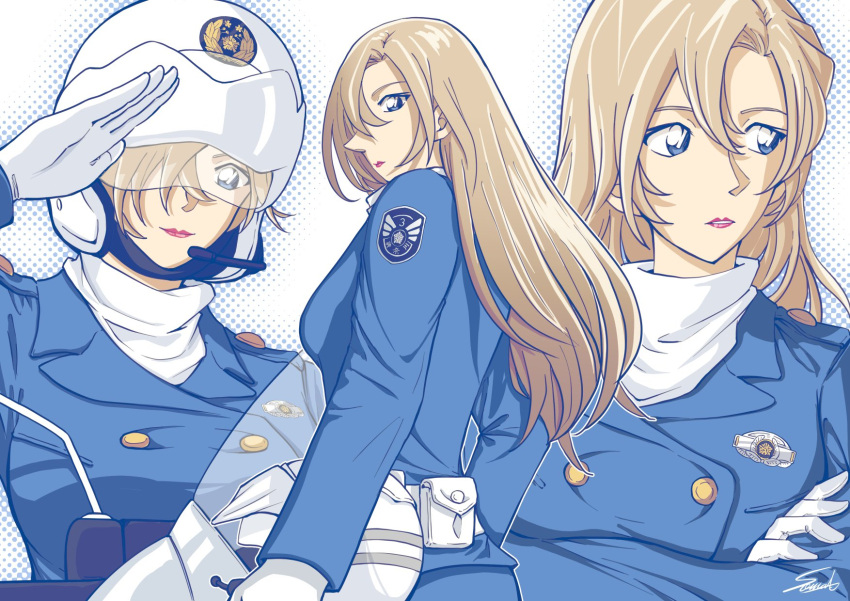 1girl, blonde_hair, blue_eyes, blue_jacket, buttons, commentary_request, crossed_arms, hagiwara_chihaya
