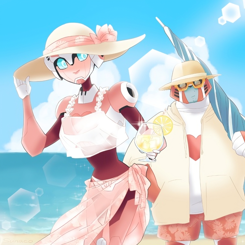 1boy, 1girl, arcee, beach, blue_eyes, breasts, curvy, hat
