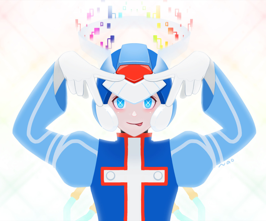 1boy, :p, arms_up, blue_helmet, blue_robe, cyber_elf_x_(mega_man), double_v, forehead_jewel