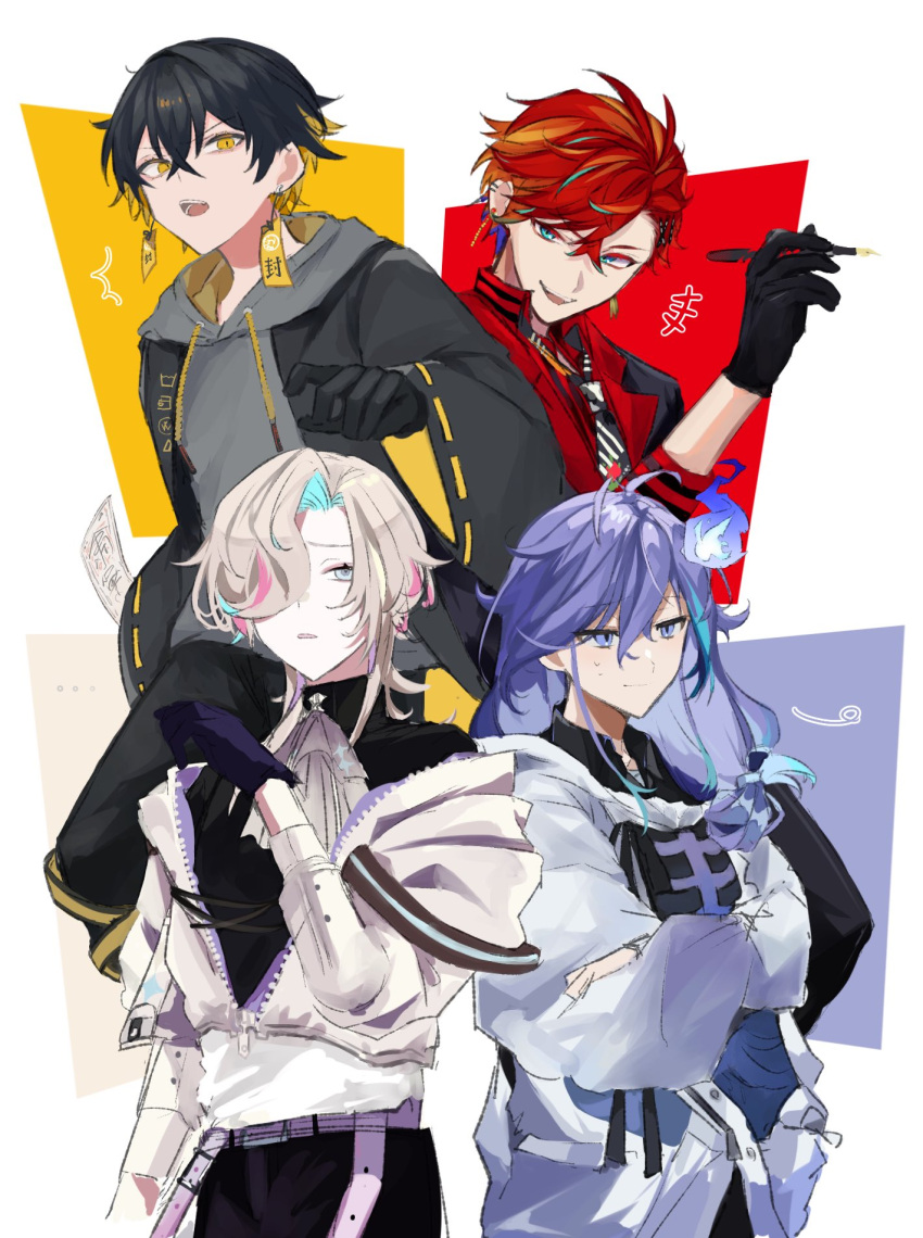 4boys, aqua_eyes, aqua_hair, ascot, bishounen, black_gloves, black_hair, black_shirt