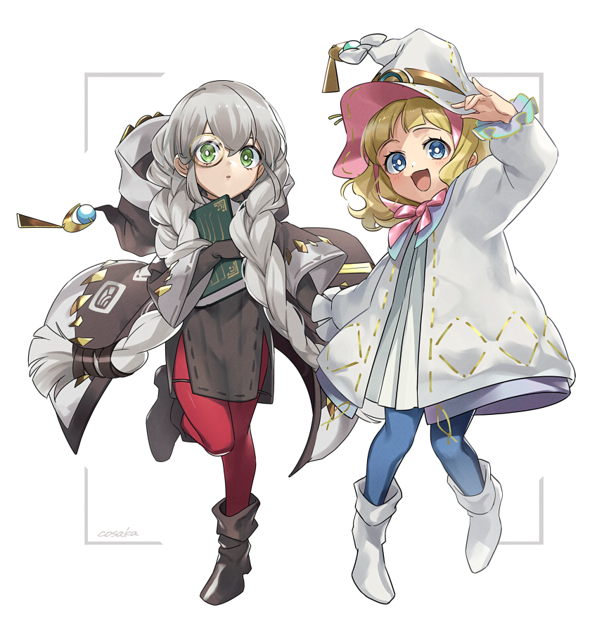 2girls, :d, asteria_of_the_white_woods, blonde_hair, blue_eyes, book, boots, braid