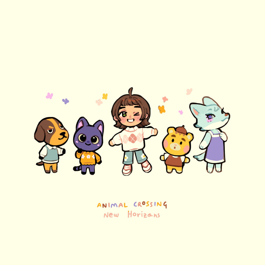 >_o, 2boys, 3girls, :3, :o, ahoge, animal_crossing, bear_boy