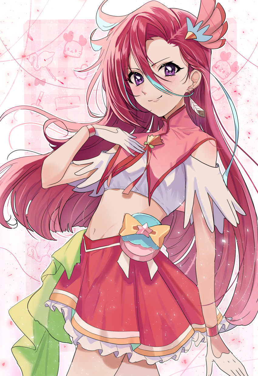 1girl, absurdres, blue_hair, closed_mouth, clothing_cutout, cowboy_shot, cropped_shirt, cure_flamingo, earrings, feather_earrings, feather_hair_ornament, feathers, fingerless_gloves, frilled_skirt, frills, gloves, hair_ornament, hand_on_own_chest, highres, huwarinn99, jewelry, kururun_(precure), long_hair, looking_at_viewer, magical_girl, midriff, miniskirt, multicolored_hair, navel, pleated_skirt, pouch, precure, red_shirt, red_skirt, redhead, shell_brooch, shirt, short_sleeves, shoulder_cutout, skirt, smile, solo, standing, takizawa_asuka, tropical-rouge!_precure, two-tone_hair, two-tone_shirt, very_long_hair, violet_eyes, white_gloves, white_shirt
