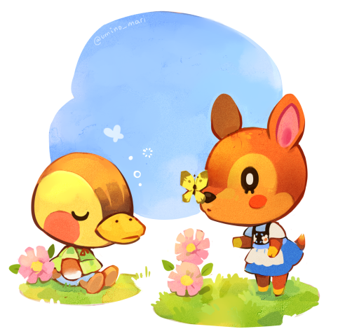 2girls, :o, animal_crossing, apron, artist_name, black_eyes, blue_dress, blue_sky
