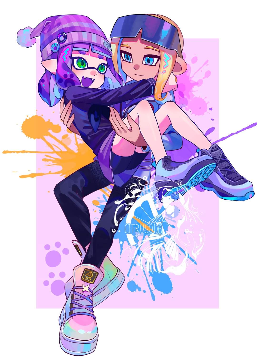 1boy, 1girl, :d, artist_name, beanie, black_pants, blue_eyes, border