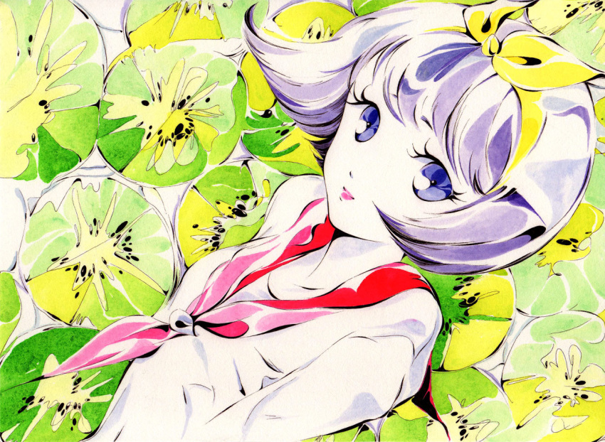 blue_eyes, charmal, flat_chest, food, fruit, hair_ribbon, hiiragi_tsukasa, kiwi