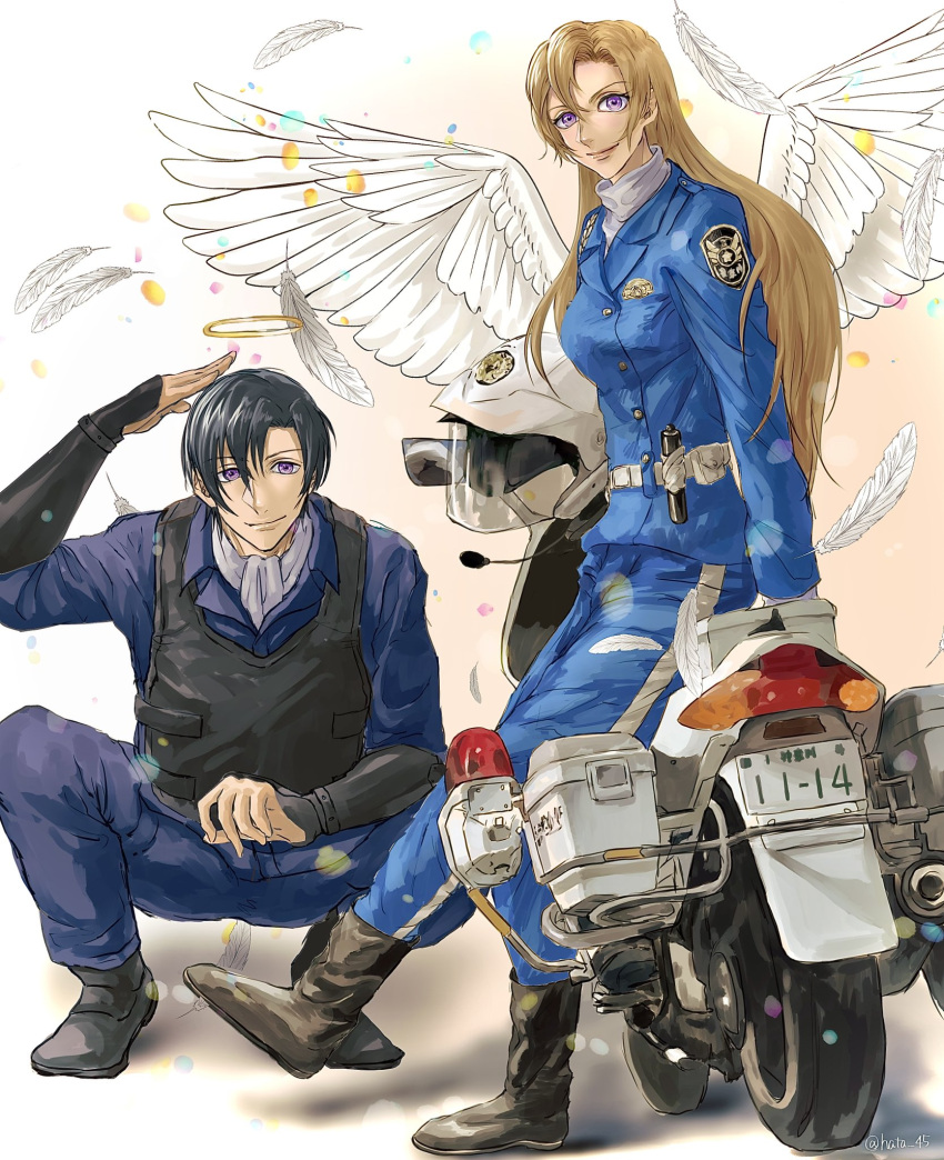 1boy, 1girl, black_hair, blonde_hair, blue_jacket, blue_pants, boots, brother_and_sister, commentary_request, feathers, full_body, hagiwara_chihaya, hagiwara_kenji, hair_between_eyes, halo, hata_45, helmet, highres, jacket, looking_at_viewer, looking_to_the_side, meitantei_conan, motor_vehicle, motorcycle, motorcycle_helmet, pants, police, police_uniform, policeman, policewoman, siblings, smile, squatting, turtleneck, uniform, violet_eyes, white_wings, wings