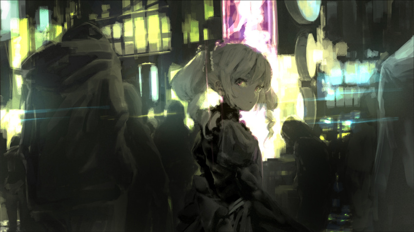 1girl, 6+others, black_dress, city, dress, drill_hair, expressionless, gothic_lolita