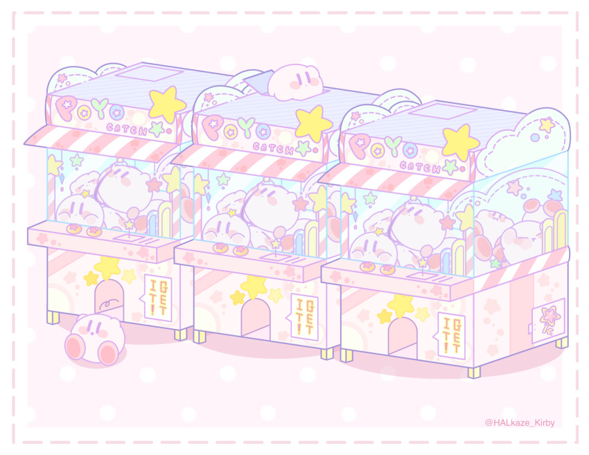 :d, :o, :t, =_=, against_glass, artist_name, blush, blush_stickers, border, bydama, closed_mouth, commentary_request, crane_game, highres, in_crane_game, kirby, kirby_(series), no_humans, open_mouth, pastel_colors, pink_background, polka_dot, polka_dot_background, shadow, simple_background, smile, solid_oval_eyes, star_(symbol), twitter_username, white_border