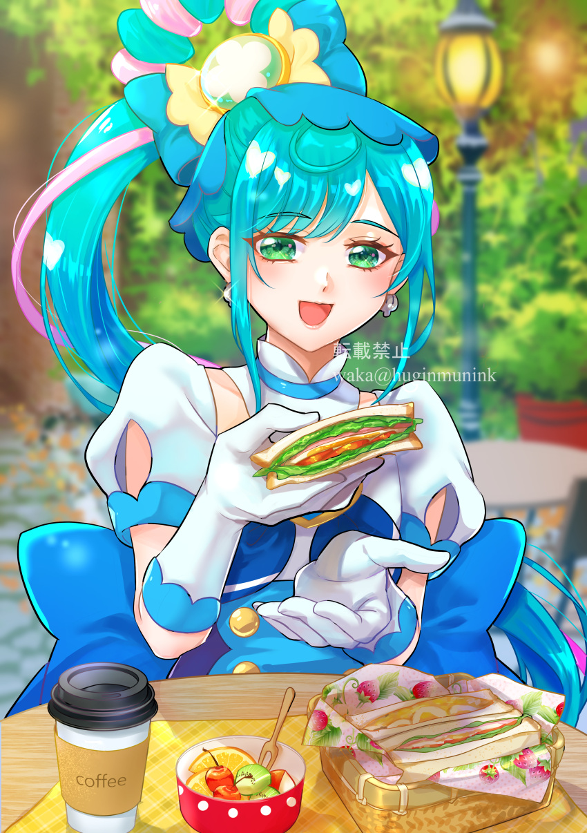 1girl, absurdres, back_bow, basket, blue_bow, blue_hair, blurry, blurry_background