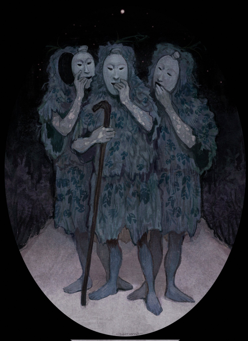 3others, barefoot, cane, dark, doomedsarcoma, highres, holding, holding_cane