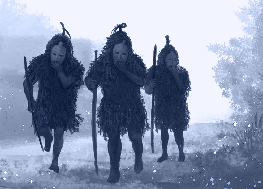 3others, admjgt, barefoot, cane, grass, highres, holding, holding_mask