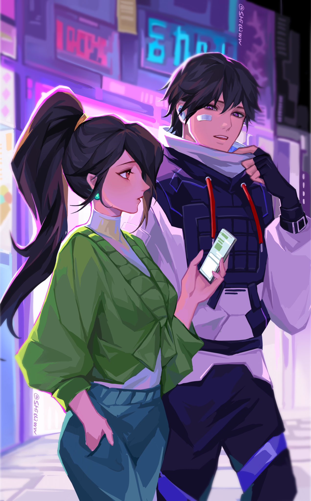 1boy, 1girl, animification, bandaid, bandaid_on_face, black_hair, black_pants, blue_pants