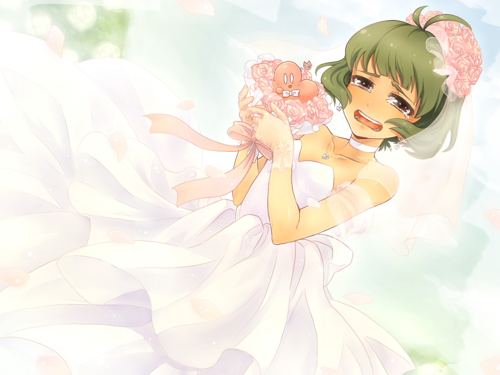akizuki_ryou, antenna_hair, bare_shoulders, blush, bouquet, bridal_veil, brown_eyes, brown_hair