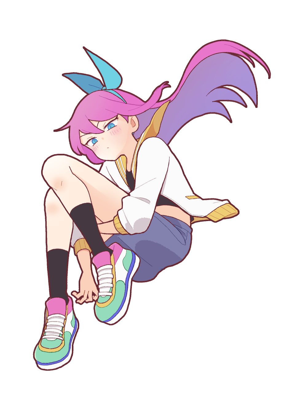 1girl, aubrey_(faraway)_(omori), aubrey_(omori), black_socks, blue_eyes, blue_skirt, closed_mouth, crop_top, denim, denim_skirt, doroidsan, full_body, hairband, highres, jacket, juvenile, long_hair, long_sleeves, omori, pink_hair, shoes, simple_background, skirt, sneakers, socks, solo, teenage, tomboy, white_background, white_jacket, young