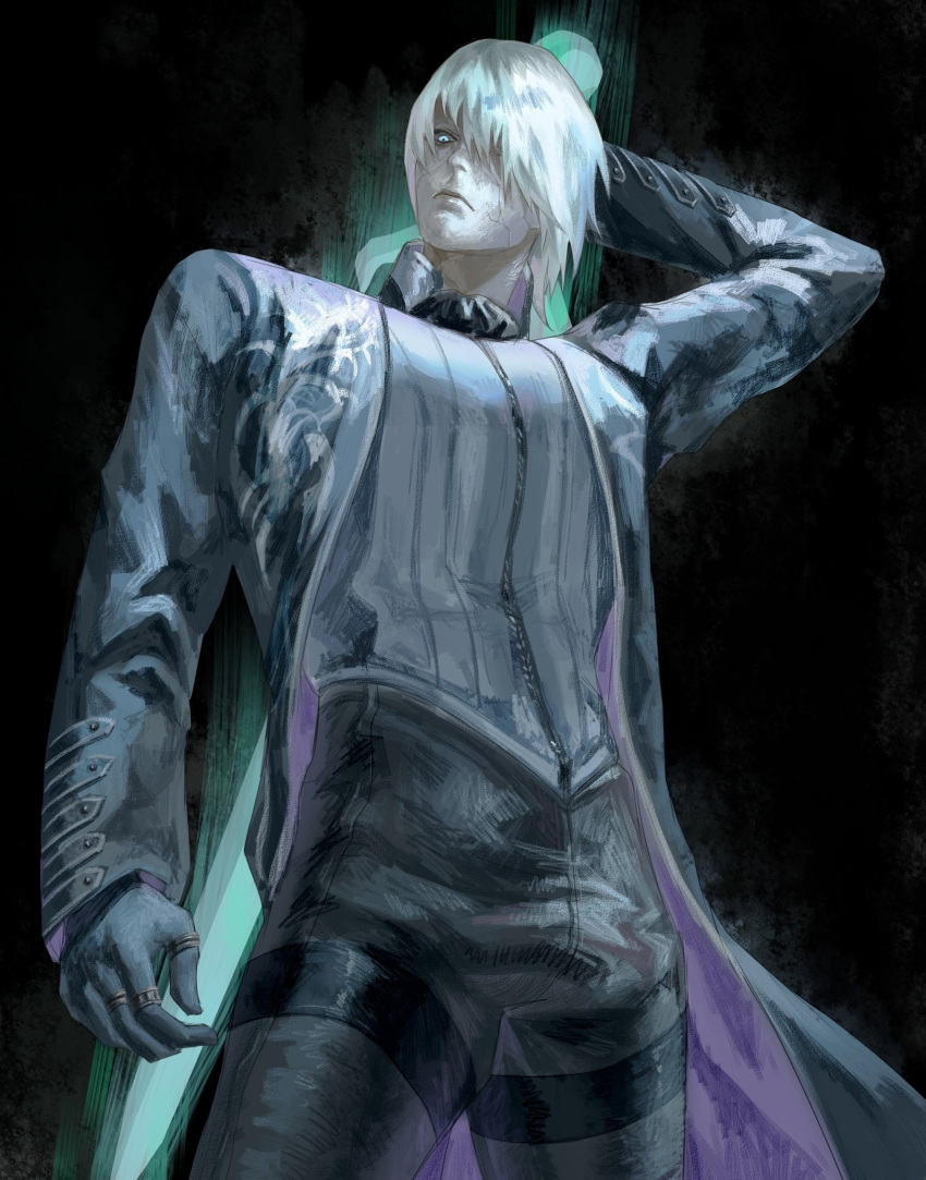1boy, black_gloves, blue_coat, blue_eyes, closed_mouth, coat, devil_may_cry_(series), devil_may_cry_5