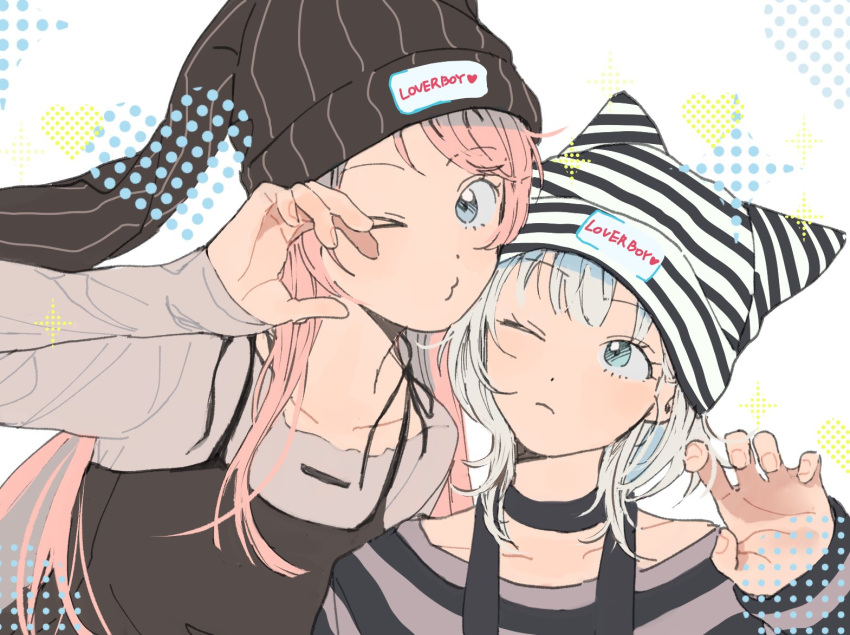 >_o, 2girls, bang_dream!, bang_dream!_it's_mygo!!!!!, beanie, black_beanie, black_dress, blue_eyes