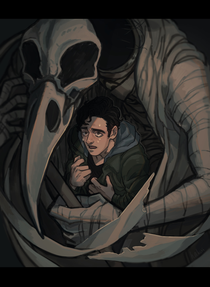1boy, 1other, absurdres, bandages, beak, bird_skull, black_eyebrows, black_hair