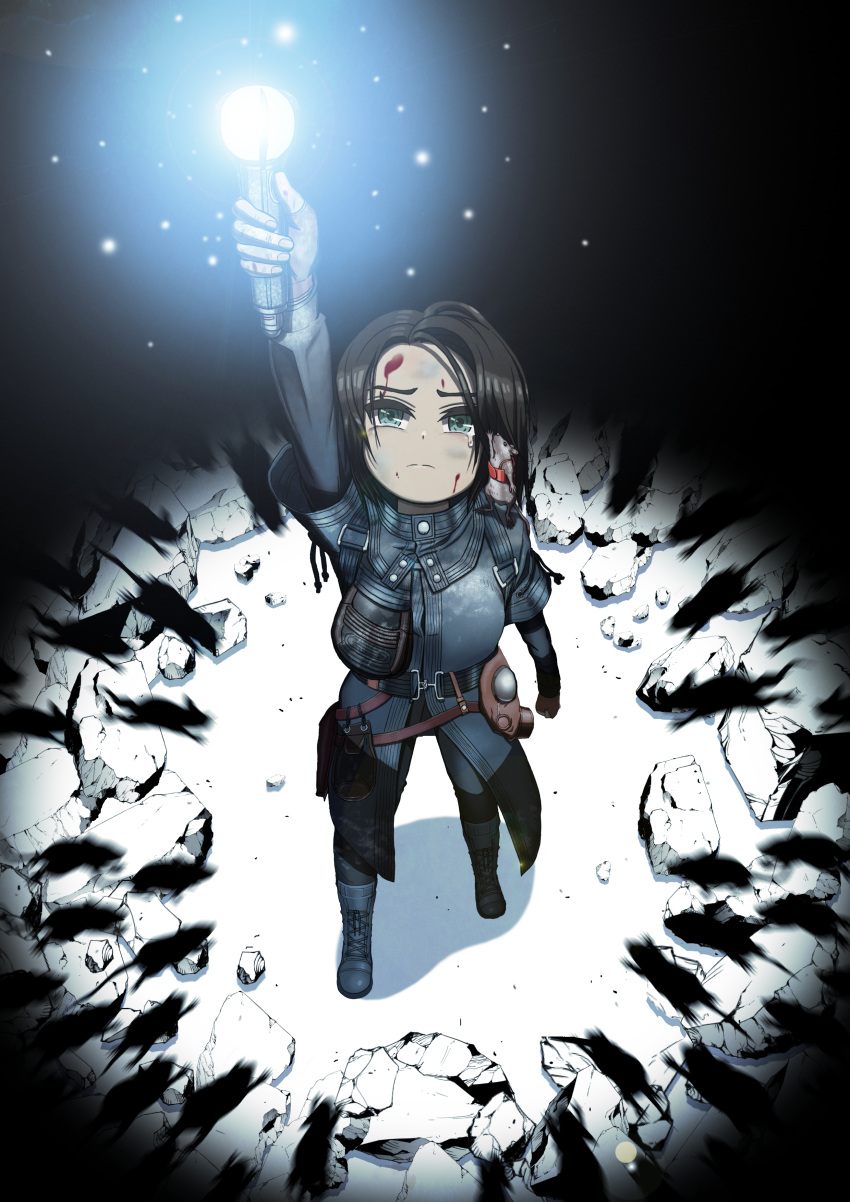 1girl, absurdres, animal_on_shoulder, belt, black_background, black_coat, black_footwear, black_gloves, black_hair, blood, blood_on_face, clenched_hand, closed_mouth, coat, dated_commentary, dc_comics, english_commentary, gloves, green_eyes, highres, holding, light, light_frown, mouse, multiple_others, ratcatcher_2, sebastian_the_rat, shadow, simple_background, single_tear, sleepywoodmac, solo_focus, standing, the_suicide_squad, utility_belt