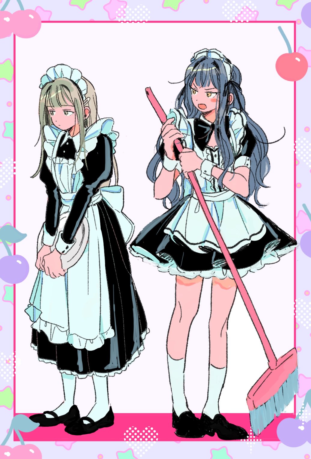 2girls, alternate_costume, apron, back_bow, bang_dream!, bang_dream!_it's_mygo!!!!!, black_bow, black_bowtie, black_dress, black_footwear, blue_hair, bow, bowtie, broom, closed_mouth, commentary, dress, enmaided, frilled_apron, frills, full_body, grey_hair, hair_ornament, hair_ribbon, hairclip, hashtag-only_commentary, highres, holding, holding_broom, holding_tray, juliet_sleeves, kneehighs, long_hair, long_sleeves, love8evill, maid, maid_headdress, multiple_girls, open_mouth, puffy_short_sleeves, puffy_sleeves, ribbon, short_sleeves, sidelocks, socks, standing, togawa_sakiko, tray, wakaba_mutsumi, white_apron, white_bow, white_socks, white_wrist_cuffs, wrist_cuffs, yellow_eyes