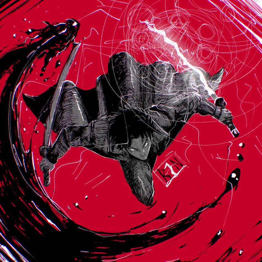 1boy, artist_logo, attack, black_coat, cloud_gouger_(sword), coat, dual_wielding, enten_(sword)