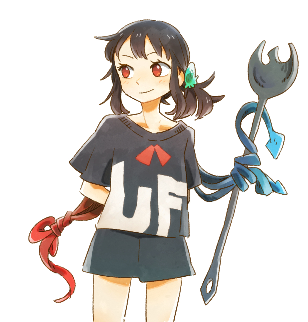 1girl, alternate_costume, alternate_hairstyle, arms_behind_back, black_shirt, black_shorts, clothes_writing, commentary_request