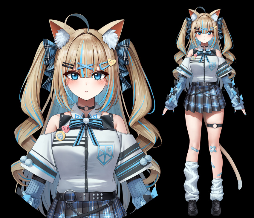 1girl, ahoge, animal_ear_fluff, animal_ears, bandaid, bandaid_on_knee, bandaid_on_leg, bare_shoulders