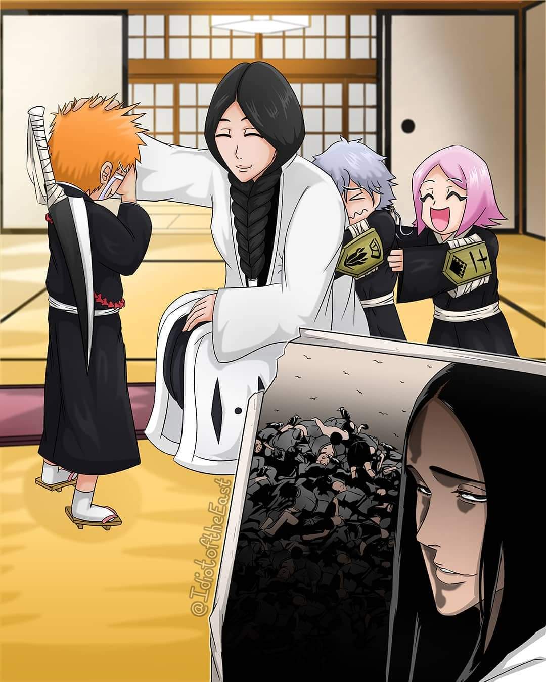 1boy, bleach, corpse, crying, evil_smile, idiotoftheeast, kurosaki_ichigo, long_hair