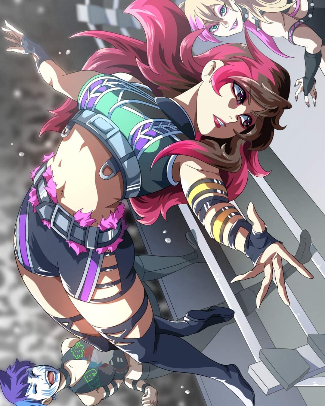 3girls, asuka_(wrestler), backflip, facepaint, iyo_sky, kairi_sane, long_hair, looking_back, midair, multiple_girls, wwe