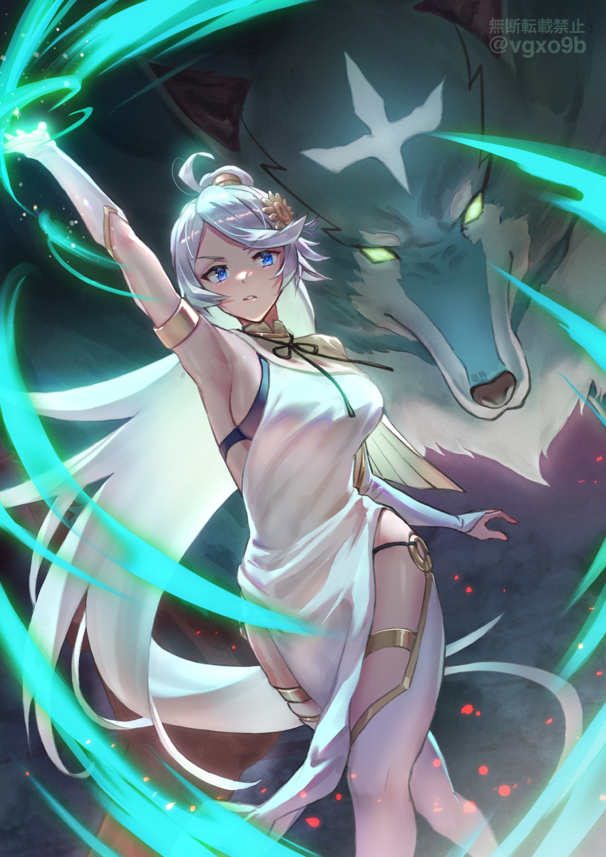 1girl, absurdres, ahoge, arm_up, blue_eyes, breasts, dress, feru_(tonsuki)