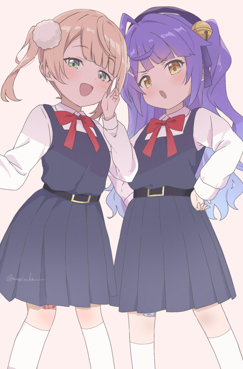 2girls, aged_down, amamiya_kokoro, bell, belt, blonde_hair, blue_hair, blush
