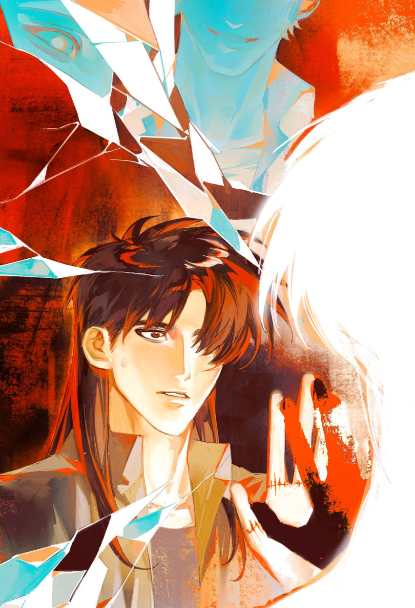 1boy, black_hair, broken_mirror, chinese_commentary, collared_shirt, commentary_request, expressionless, grey_shirt