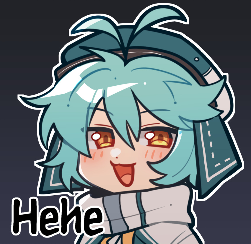 1girl, :d, antenna_hair, blue_hair, commentary_request, eiyuu_densetsu, grey_background, hair_between_eyes