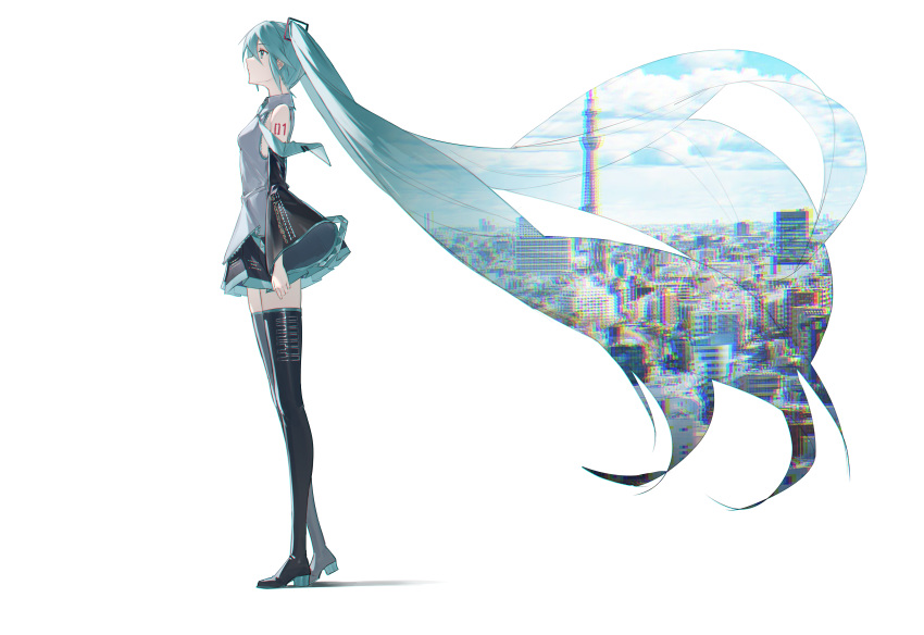 1girl, absurdres, black_footwear, black_skirt, black_sleeves, blue_hair, blue_sky, boots, cityscape, clouds, cloudy_sky, detached_sleeves, double_exposure, from_side, full_body, hair_ornament, hatsune_miku, highres, long_hair, number_tattoo, oneselt, puffy_sleeves, shirt, skirt, sky, sleeveless, sleeveless_shirt, solo, standing, sumida_(tokyo), tattoo, thigh_boots, tokyo_(city), tokyo_skytree, twintails, very_long_hair, vocaloid, white_background, white_shirt