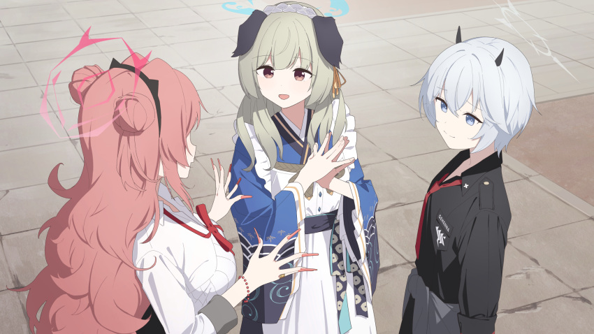 3girls, animal_ears, apron, bead_necklace, beads, black_shirt, blue_archive, blue_eyes