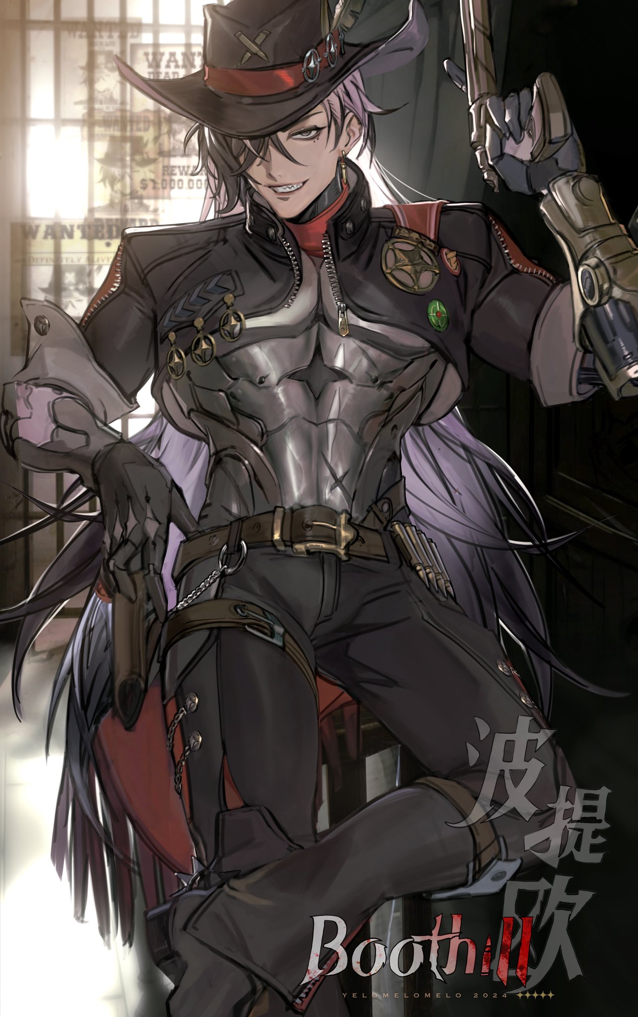 1boy, belt, belt_buckle, black_hair, black_hat, black_pants, boothill_(honkai:_star_rail), brown_belt