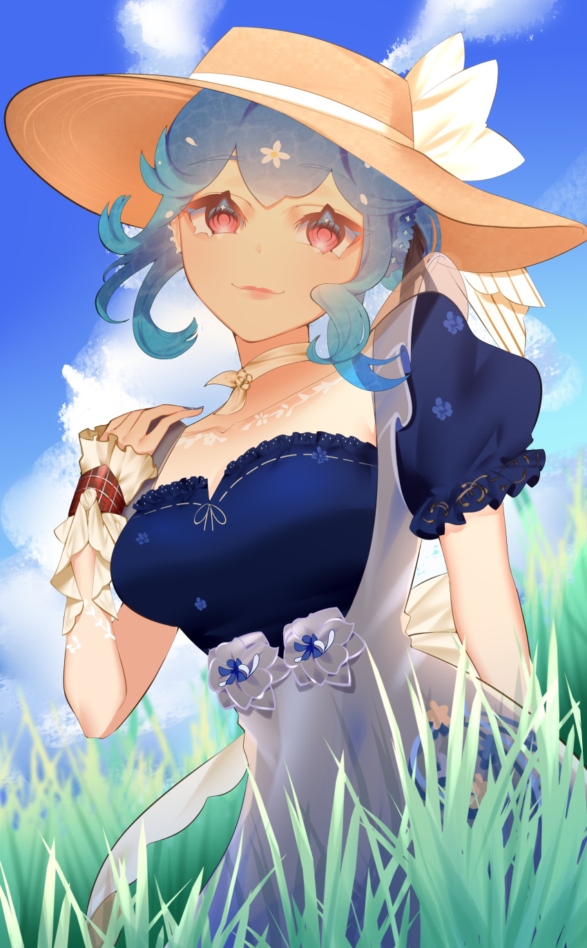 absurdres, bao_(vtuber), blue_dress, blue_hair, closed_mouth, dffy411, dress, flower, hair_ornament, hat, hat_ribbon, highres, indie_virtual_youtuber, looking_at_viewer, neckerchief, red_eyes, ribbon, sun_hat, sundress, virtual_youtuber